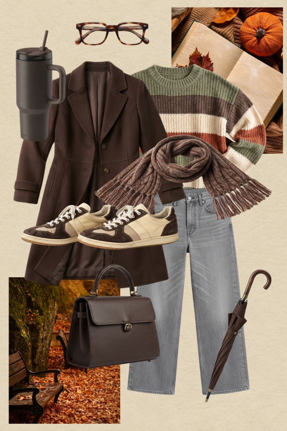 After editing view of a dark academia fashion collage completed with PNG cutouts and overlays, showing a brown coat, striped sweater, autumn park background, pumpkin aesthetic book, sneakers, handbag, and umbrella.