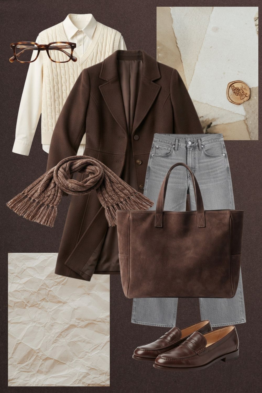 Before editing view of a dark academia fashion collage template in Canva featuring a brown trench coat, sweater vest, grey jeans, brown tote bag, loafers, glasses, scarf, and neutral paper aesthetic backgrounds.
