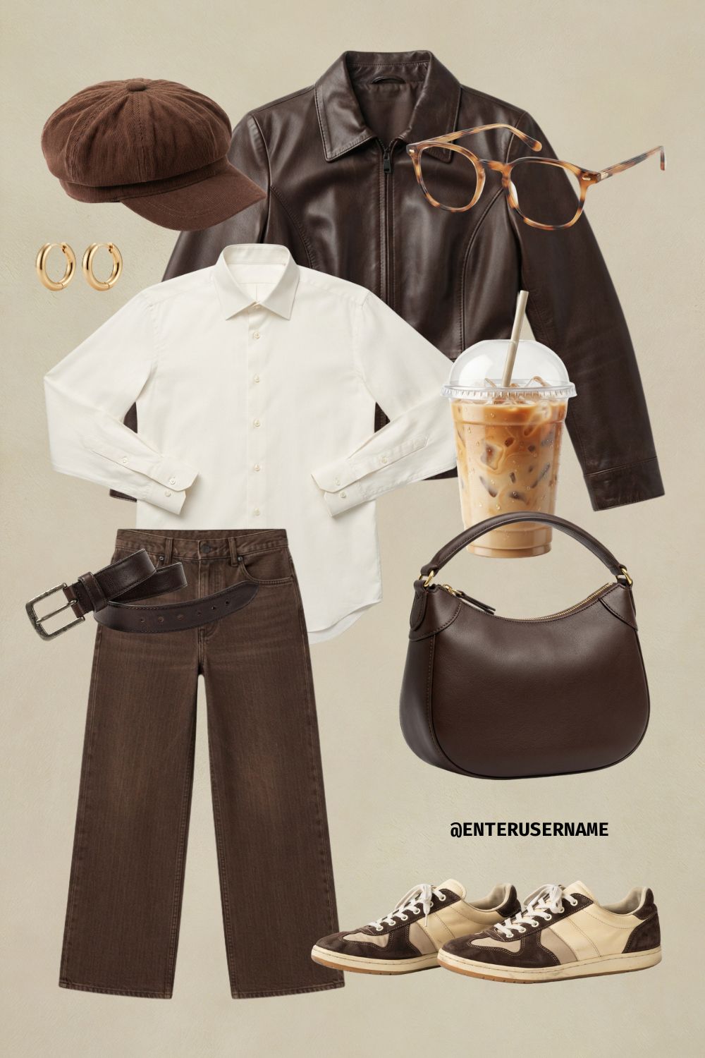 Flat-lay fashion outfit collage on a beige background featuring a brown leather jacket, white button-down shirt, dark brown jeans with a leather belt, brown sneakers, a newsboy cap, tortoise-shell glasses, gold hoop earrings, a brown shoulder bag, and an iced latte.