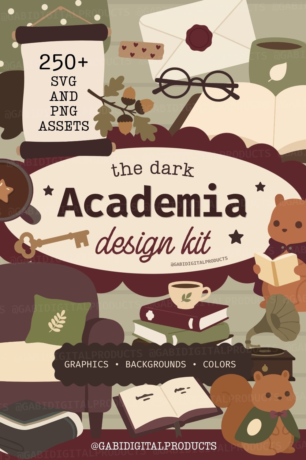 Dark academia clipart for commercial use design kit featuring text reading "250+ SVG and PNG assets" and "The Dark Academia Design Kit," surrounded by illustrations of books, a teacup, glasses, acorns, envelopes, a vintage key, and cute bears.