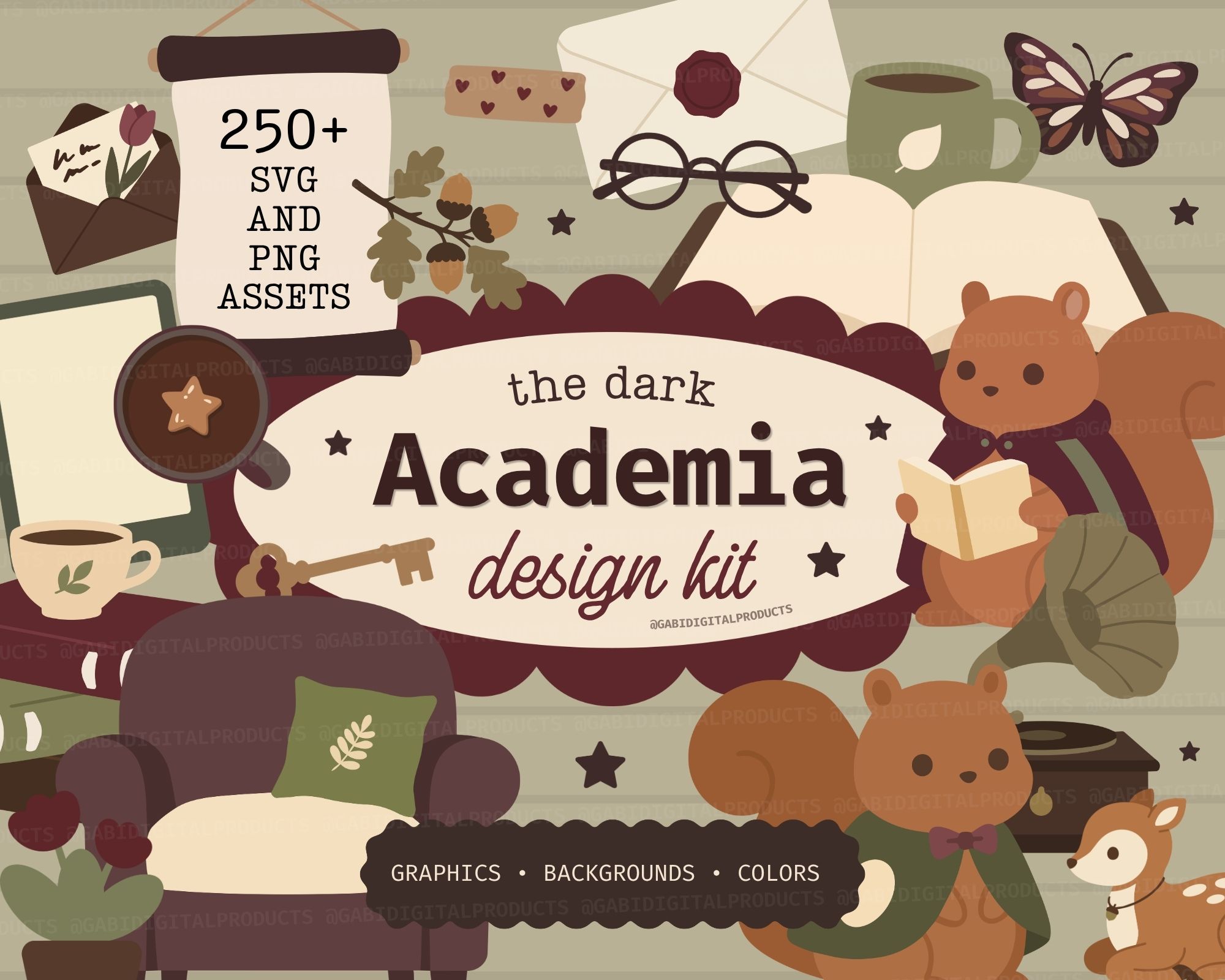 Dark academia clipart for commercial use featuring 250+ SVG and PNG assets, including graphics, backgrounds, colors, cute animals reading, a cozy armchair, coffee cups, glasses, and books.