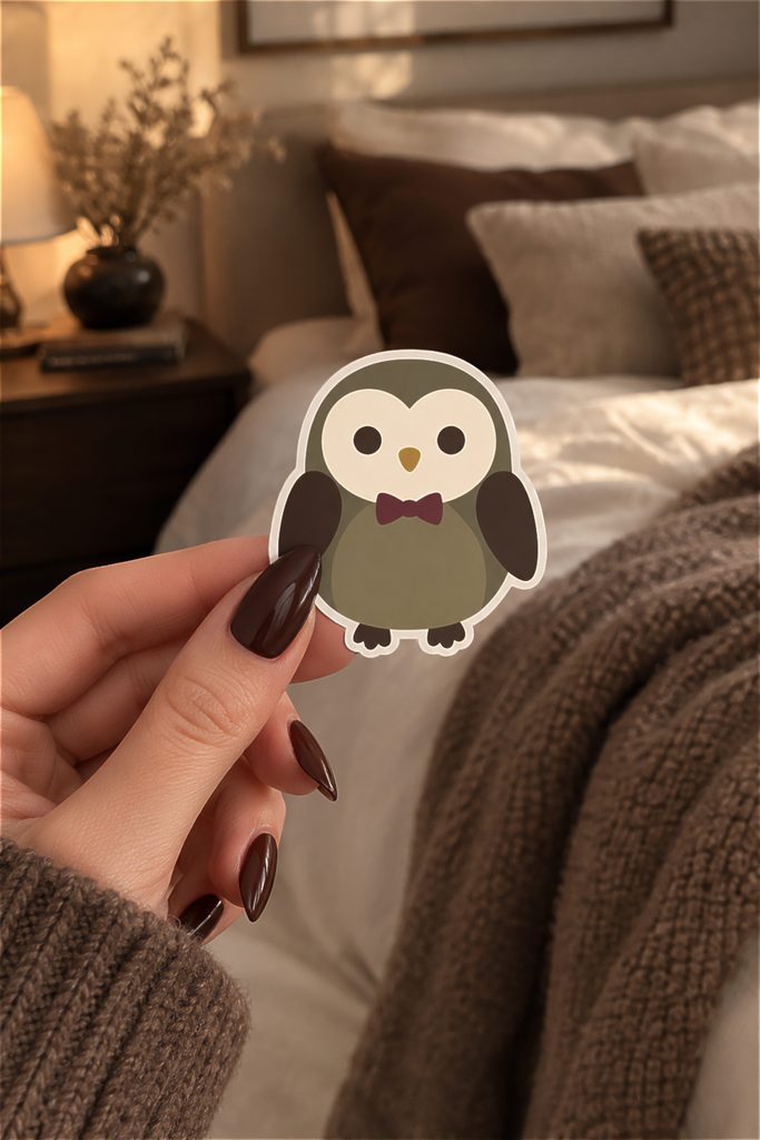 A person holding a die-cut sticker of a cute, brown cartoon owl wearing a maroon bow tie, shown against a cozy, warm-toned bedroom background with a knit blanket, pillows, and a bedside table.