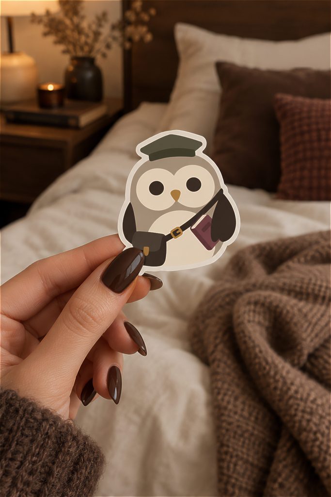 A person holding a die-cut sticker of a scholarly owl wearing a cap, messenger bag, and holding a book, shown against a cozy, warm-toned bedroom background with a knit blanket, pillows, and a bedside table.