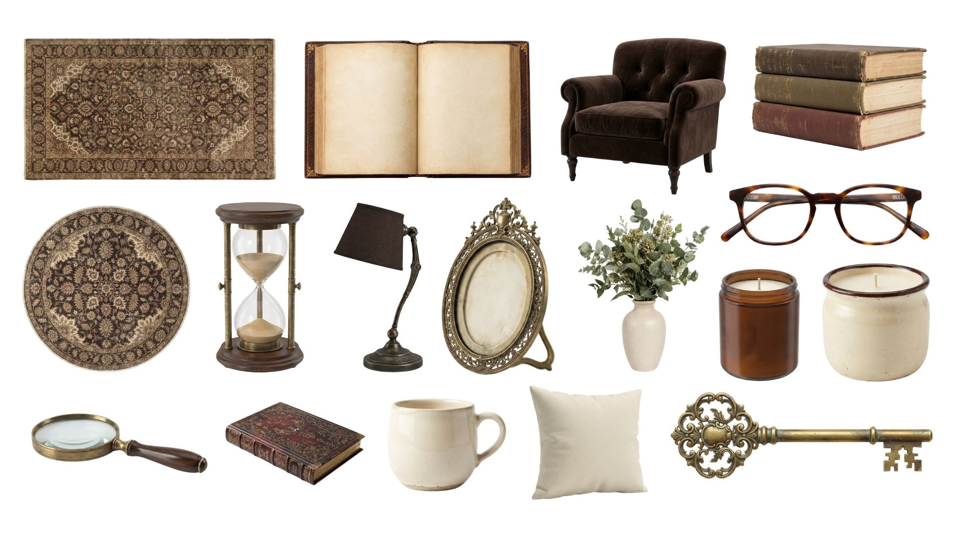 Collection of dark academia decor PNG elements on a white background, including an vintage armchair, stacked old books, open journal, ornate brass key, hourglass, desk lamp, magnifying glass, picture frame, rugs, and scented candles.