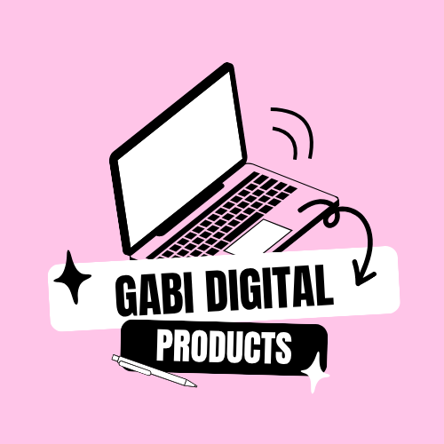 Gabi Digital Products affiliate program graphic with a pink laptop and arrow