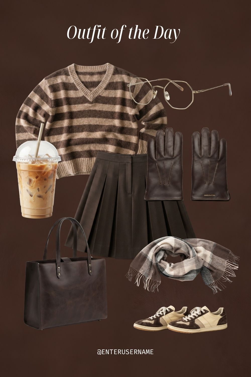 Dark academia fashion collage template on a brown background featuring a striped sweater, pleated skirt, leather tote bag, gloves, scarf, glasses, sneakers, and iced coffee PNG elements.