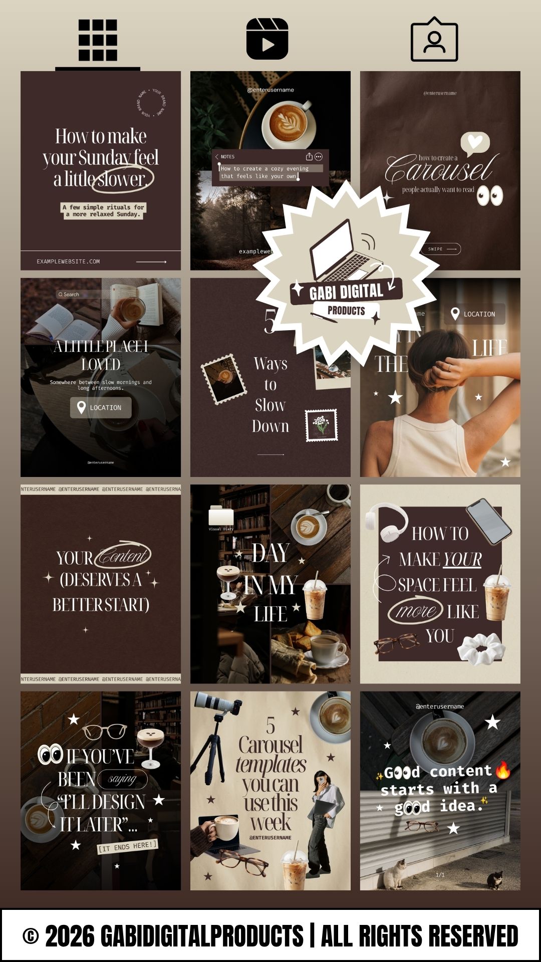 Mockup of a 3x4 Instagram profile feed grid using dark academia slow living templates in brown and cream, with coffee, library and cozy photos and a Gabi Digital Products logo badge.