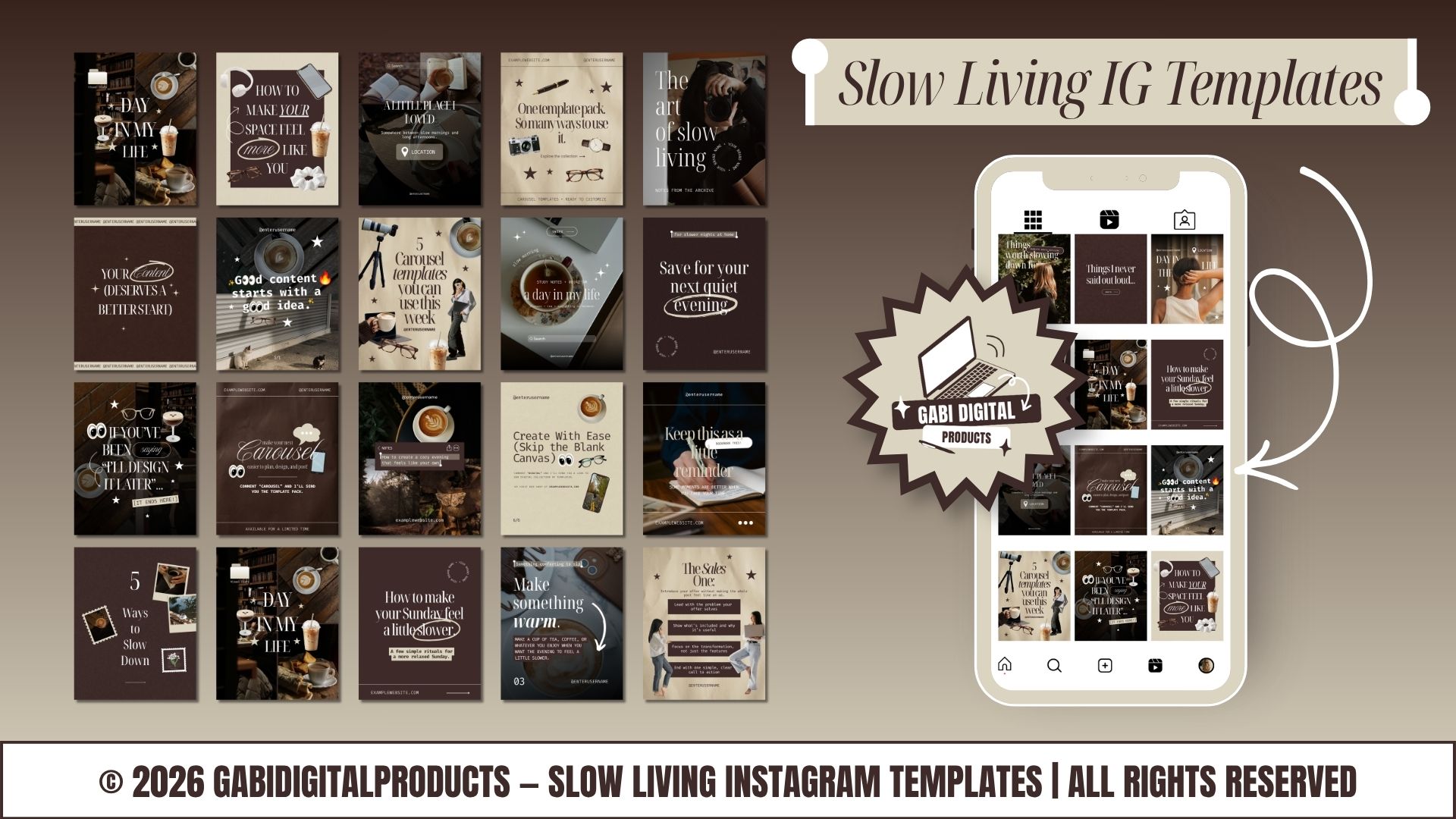 Preview of 20 dark academia slow living Instagram post templates in brown and cream next to a phone mockup showing them arranged as a cohesive Instagram feed grid, with a Gabi Digital Products logo badge.