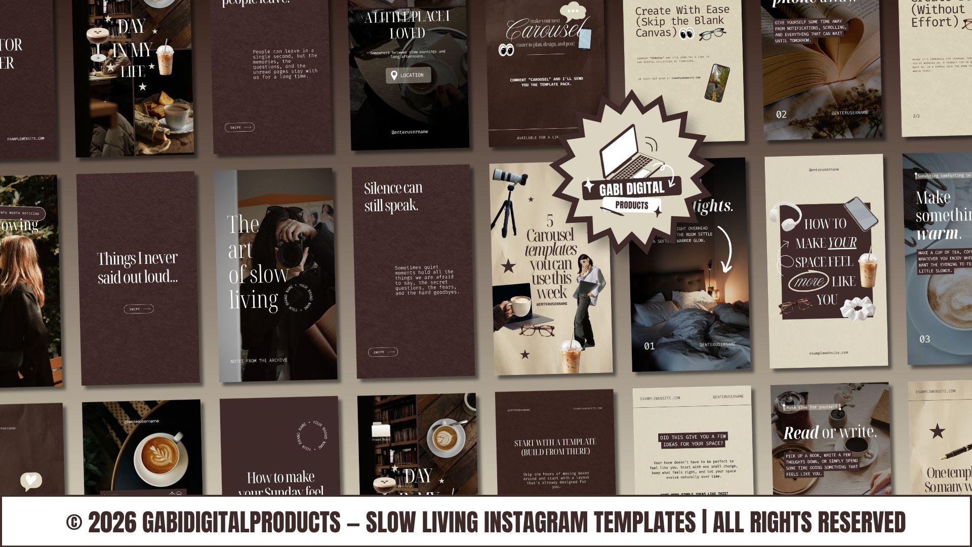 Preview of dark academia slow living Instagram story and feed post templates in chocolate brown, beige and cream, with library, coffee and vintage camera photos, quote layouts and a Gabi Digital Products logo badge.